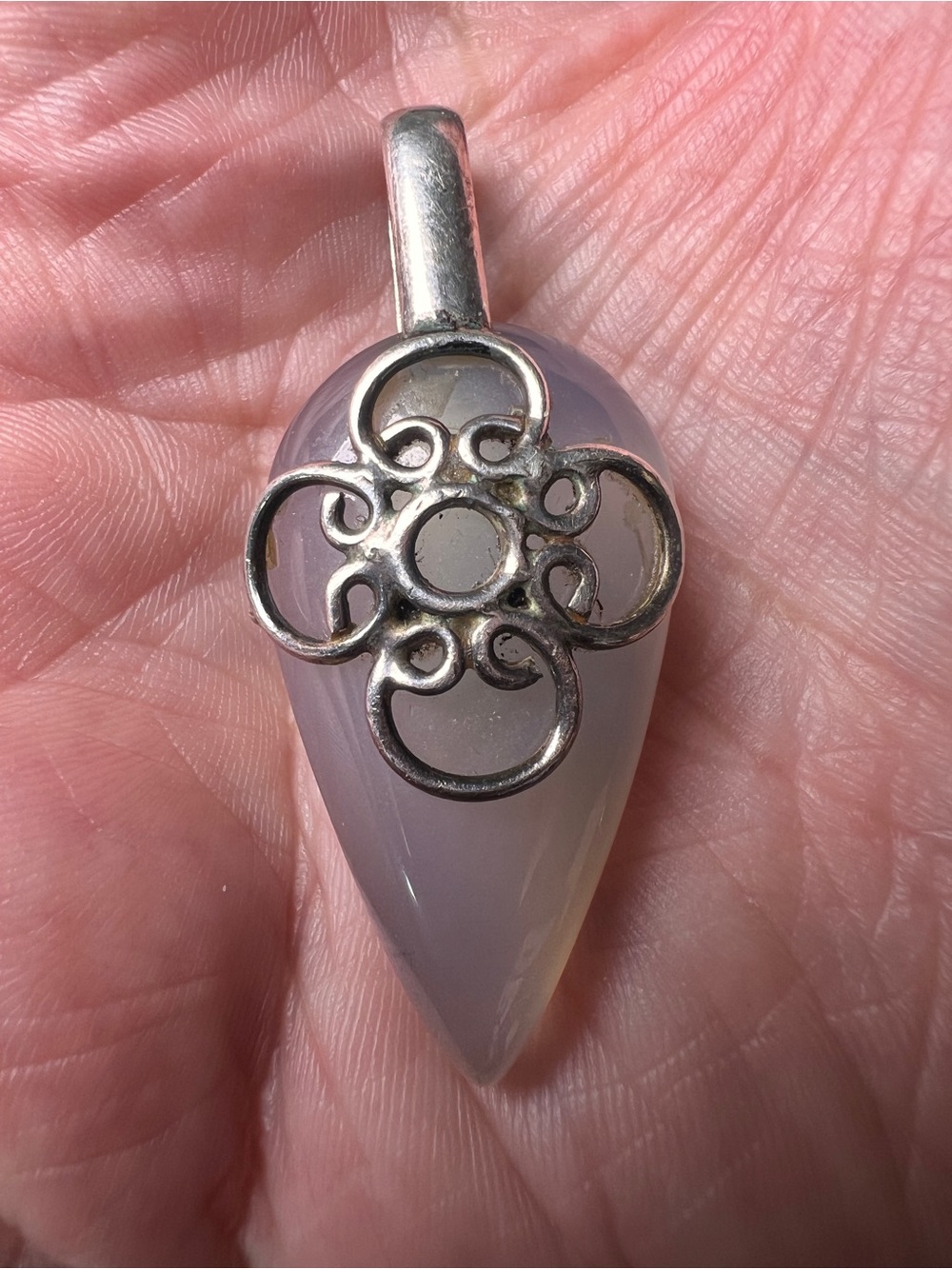 Lavender Chalcedony Teardrop Sterling Silver 925 Floral Filigree Pendant